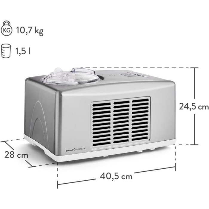 Л з самоохолоджуючим компресором 150 Вт, машина для морозива з нержавіючої сталі зі знімним контейнером для морозива, в т.ч. буклет з рецептами (срібло, морожениця), 1,5