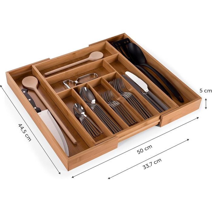 Бамбуковий лоток для столових приборів Blumtal - Регульований роздільник для шухляд для кухні - Органайзер для столових приборів з 7-9 відділеннями - Висувна шухляда для кухонних шухляд - Великий, гнучкий органайзер для столових приборів - 7-9 відділень