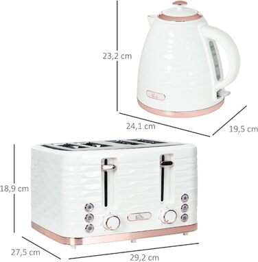 Набір для сніданку HOMCOM Kettle Toaster Set з чайником 1,7 л, тостером на 4 скибочки, 2200 Вт, 7 рівнів підрум&39янення, розморожуванням, розігрівом та лотком для крихт, термостатом Otter, кремово-білим