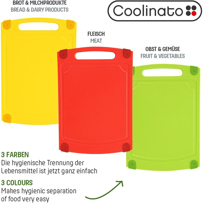 Набір обробних дощок Coolinato, 3 шт., різні розміри, антибактеріальні дошки з жолобком для збору рідини, 3 кольори для гігієнічного розділення продуктів (Набір кольорових - 29,2x20,3 см)