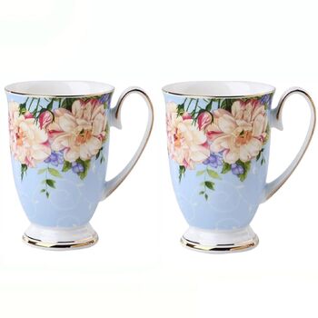 Набір із 2 порцелянових кавових кухлів, квітковий візерунок, 300 мл, чашки у формі кістки в стилі шинуазрі з ручкою для кави, чаю, молока, капучино (D)