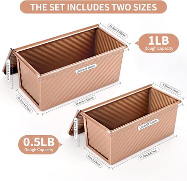 Набір з 2 прямокутних форм для випікання хліба 220 г та 1000 г з кришками, рожеве золото