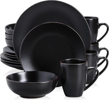 Столовый сервиз из керамогранита, набор посуды vancasso MODA, винтажный внешний вид, комбинированный сервиз из 40 предметов с 8 тарелками, тарелками для тортов, суповыми тарелками, мисками и чашками каждая (черный, 16 шт. комбинированный сервиз)