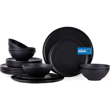 Набор посуды из керамогранита на 6 персон, 18 предметов, черный матовый Vialex