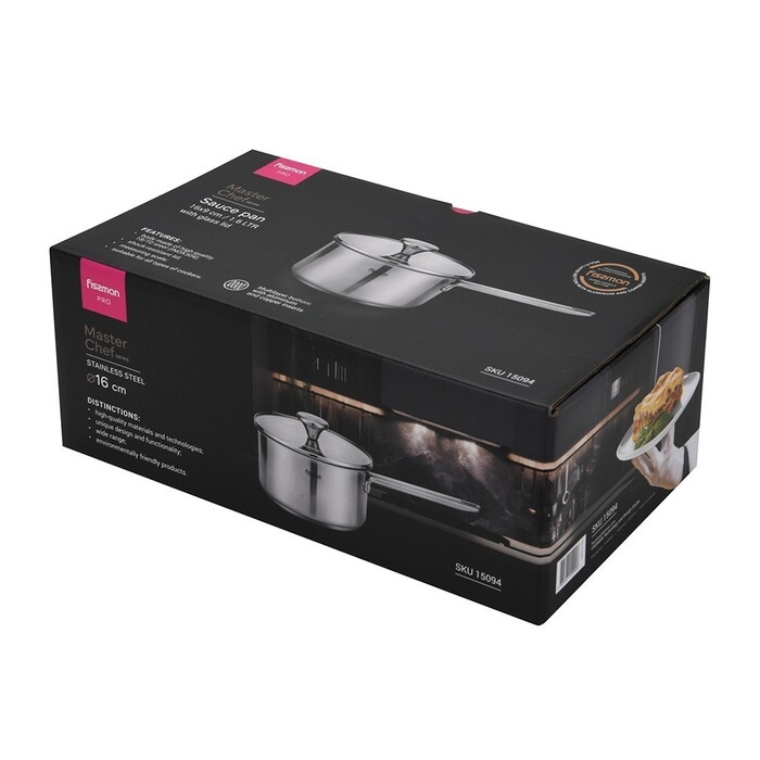 Ковш Fissman MASTER CHEF 16x9 см/1,6 л со стеклянной крышкой нержавеющая сталь (15094)