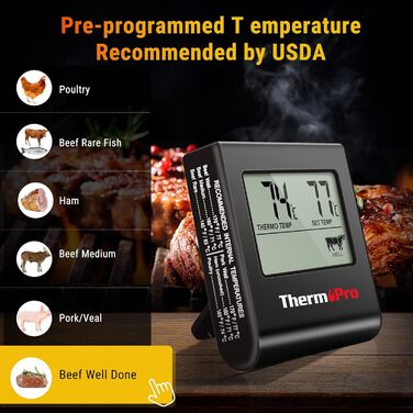 Цифровий термометр для м'яса ThermoPro TP16 Термометр для духовки Термометр для м'яса Термометр для гриля Кухонний термометр з таймером для барбекю, гриля, коптильні (чорний)