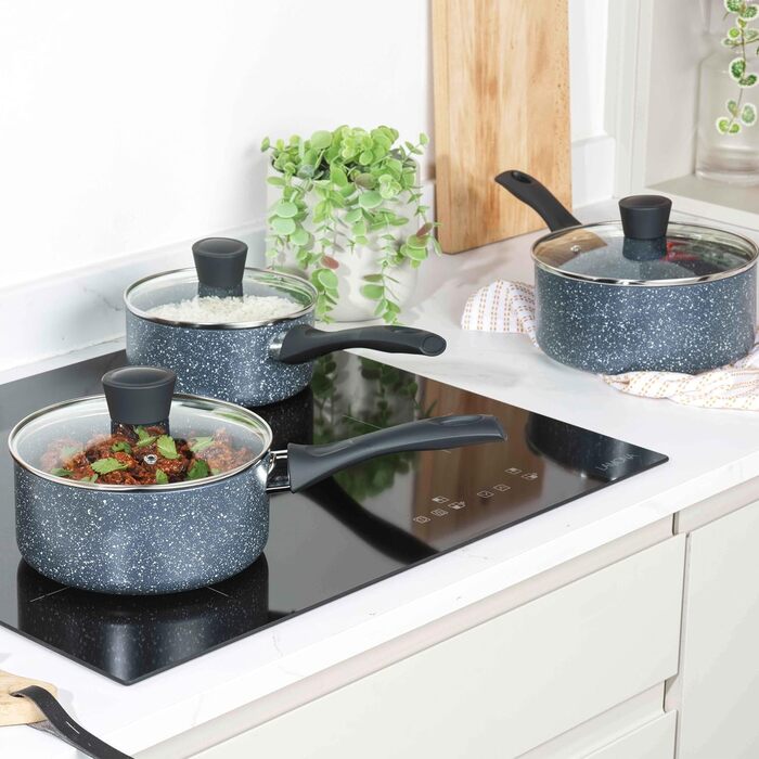 Каструля Russell Hobbs RH00845EU з антипригарним покриттям - 18 см/2 л з кришкою із загартованого скла, індукційна каструля, каструля для овочів/бульйону з бакелітовою ручкою та термостійким зовнішнім покриттям, каструля для приготування Nightfall Stone 1