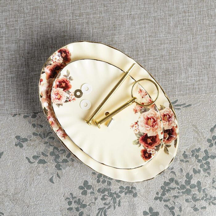 Порцелянова миска fanquare з хвилястими краями та квітковим принтом, вінтажна салатниця, керамічна фруктовниця на ніжці для вечірок (підставка для капкейків золотого кольору)