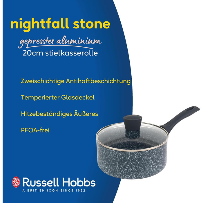 Каструля Russell Hobbs RH00845EU з антипригарним покриттям - 18 см/2 л з кришкою із загартованого скла, індукційна каструля, каструля для овочів/супу з бакелітовою ручкою та термостійким зовнішнім покриттям, камінь Nightfall (2,6 літра)