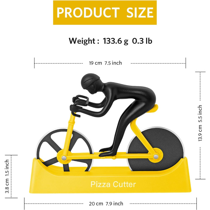 Резак для пиццы в виде велосипедиста с подставкой, желтый KUONIIY