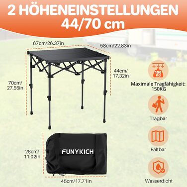 Складной кемпинговый стол 67 x 58 x 44/70 см FUNYKICH