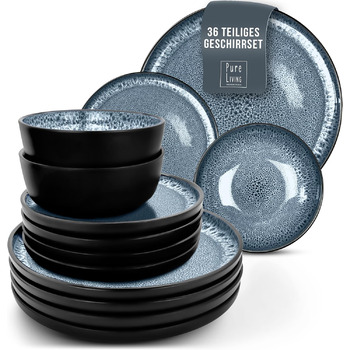 Набір посуду з керамограніту 6 персон Ibiza 24 шт. - Середземноморський набір посуду, посудомийна машина, мікрохвильова піч і захист від подряпин - Набір мисок і тарілок - Посуд Pure Living Black в димчасто-блакитному кольорі (набір з 36 предметів)