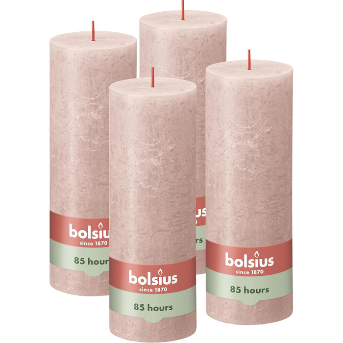 Свічки Bolsius Rustic Pillar - Оливково-зелені - Набір з 4 шт. - Декоративні побутові свічки - Час горіння 60 годин - Без запаху - Натуральний рослинний віск - Без пальмової олії - Оливково-зелені (19 x 7 см, світло-рожеві)