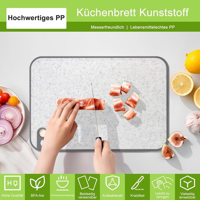 Набір обробних дощок BOCHION, пластикові дошки з іконками продуктів та піддоном, нековзні та без BPA, антибактеріальні дошки для риби, овочів, фруктів, мяса, хліба (набір з 3 шт., білі)