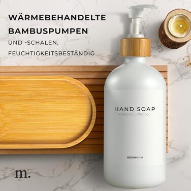 Диспенсер для мила 500 мл, набір 2 предмети на бамбуковій підставці, біле скло MaisoNovo