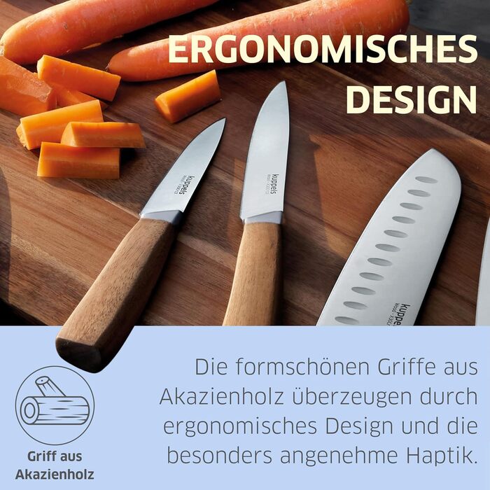 Набір кухонних ножів Kuppels WOOD, 3 предмети ніж шеф-кухаря, ніж універсальний та ніж для овочів з ручкою з акації. Надзвичайно гострий набір ножів з хромо-ванадієвої сталі, професійний набір для овочів та мяса (включає ніж для хліба).