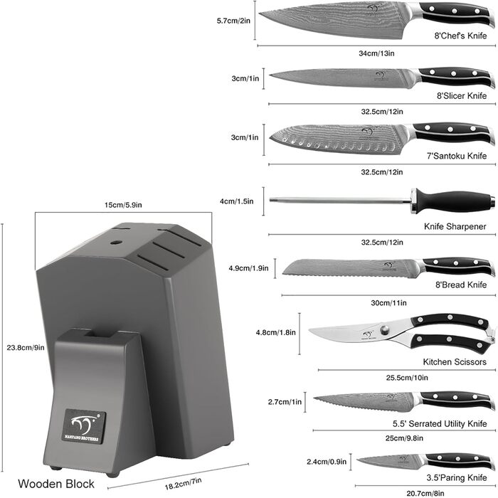 Набор профессиональных кухонных ножей из дамасской стали 9 предметов NANFANG BROTHERS
