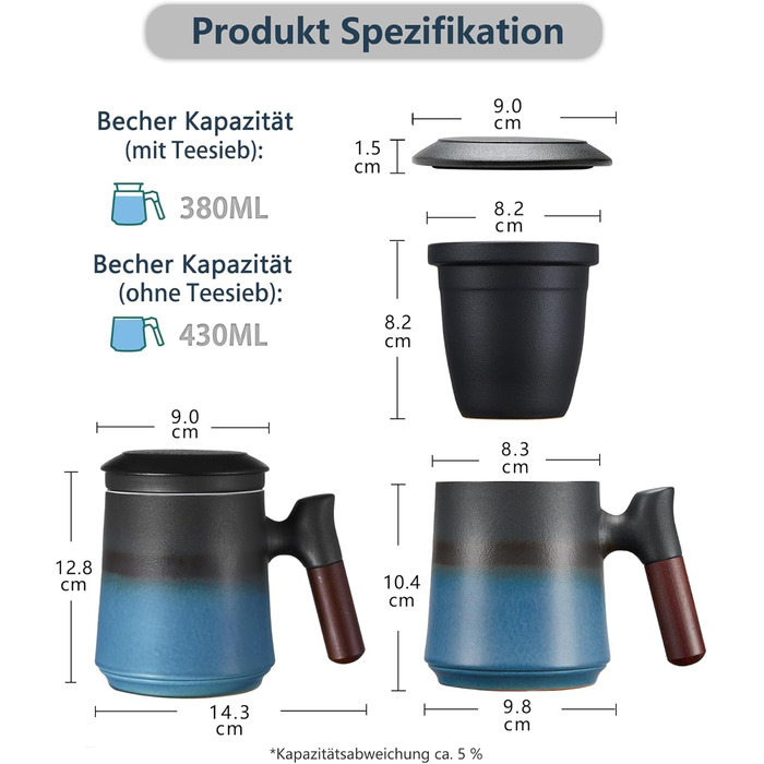 Чайна кружка з кришкою і ситечком, 500 мл велика дерев'яна кружка з градієнтним рельєфним візерунком, матові керамічні чашки з ситечком для чайних подарунків, чорно-зелені (01-чорно-сині)