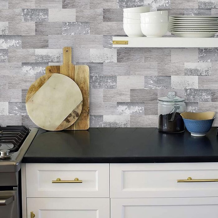 Штучна настінна плитка, самоклеюча панель для кухонного фартуха, тверда ПВХ плитка, клейка плитка для кухні та ванної кімнати (34 x 29 см) (10, бліде дерево)