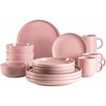 Набор посуды на 4 персоны в современном скандинавском дизайне, комбинированный сервиз из 16 предметов из керамики из керамогранита (розовый)