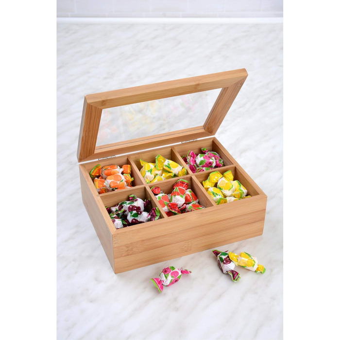 Чайна коробка GRWE з 10 відділеннями, відкидною кришкою, оглядовим віконцем, коробкою для чайних пакетиків для зберігання чаю з захистом від аромату - 36 x 20 x 9 см Велика - 10 відділень (бамбук, мала - 6 відділень)