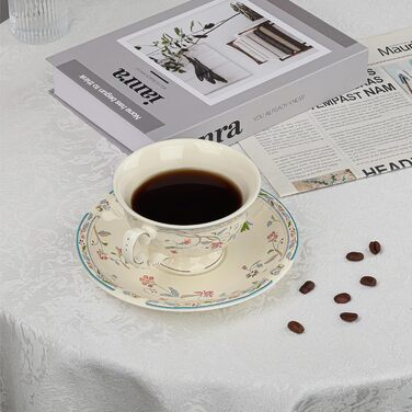 Набір чашок та блюдець Fanquare з вінтажним квітковим візерунком, кістяний фарфор, для еспресо, капучино та кави, з блюдцем та ложкою, подарунок для вечірки (синій)