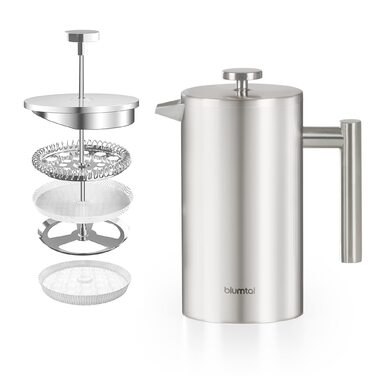 Френч-прес Blumtal з нержавіючої сталі 350 мл (2 чашки) - Двостінна ізольована термокавоварка з мірною шкалою, включаючи змінний фільтр та інструкцію, можна мити в посудомийній машині, доступна в 3 розмірах. Місткість кави 350 мл