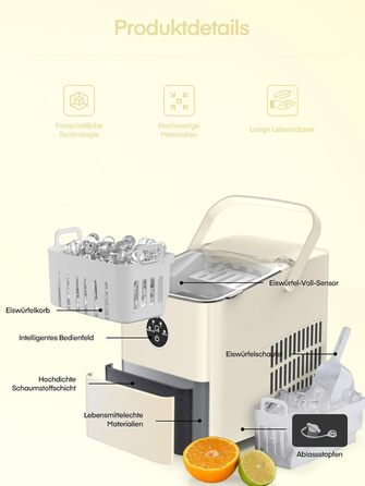 Льодогенератор FOHERE 14 кг 24 години, 8 кубиків льоду за 6 хвилин, 2 розміри кубиків льоду, самоочисний льодогенератор з ручкою, льодосборником та кошиком, льодогенератор для вечірки, офісу, автофургона (білий)