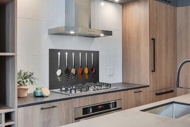 Кухонна панель для фартуха, бризкозахисна панель для кухні, алюмінієва панель, бризкозахисна панель для плити, альтернатива скляній панелі, чорна - з малюнком - суцільна - чорна - темна - (ложка для спецій, 100x65 см)