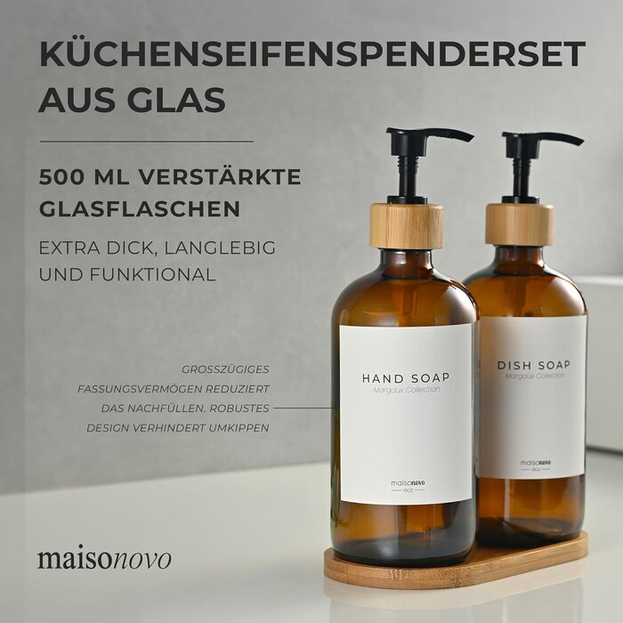 Диспенсер для мила 500 мл, набір 2 предмети на бамбуковій підставці, коричневе скло MaisoNovo
