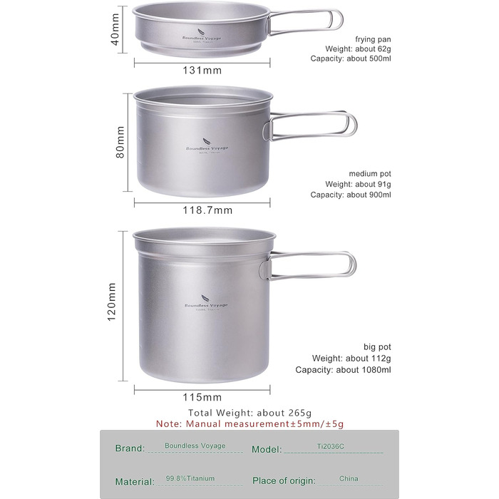 Титановые кастрюли Набор со складной ручкой Открытый кемпинг Суп Горшок Чаша Сковорода Посуда Сверхлегкая посуда для пикника, путешествий и походов (набор из 3 предметов-Ti2036C)