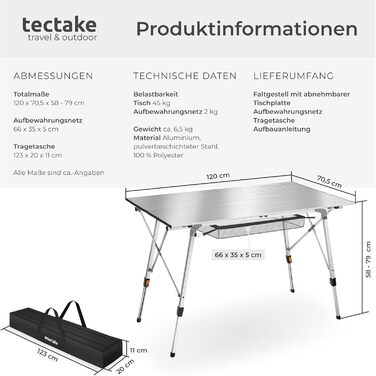 Складной алюминиевый стол для кемпинга 120 x 70,5 см серебряный tectake
