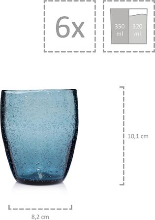 Набір склянок для пиття Singer Набір скляних склянок Porto з 6 предметів для 6 осіб, склянка для води, різнокольорова, унікальна нарізка, повсякденний, сімейна вечеря, офіс, набір склянок для соку на відкритому повітрі 310 мл (London Blue 6 шт.)