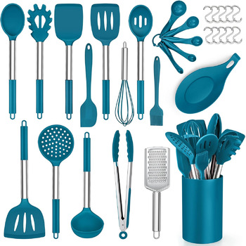Набір кухонного посуду Herogo з 30 предметів із тримачем, силіконовий набір кухонного посуду з ручкою з нержавіючої сталі, термостійке кухонне приладдя, можна мити в посудомийній машині (синій)