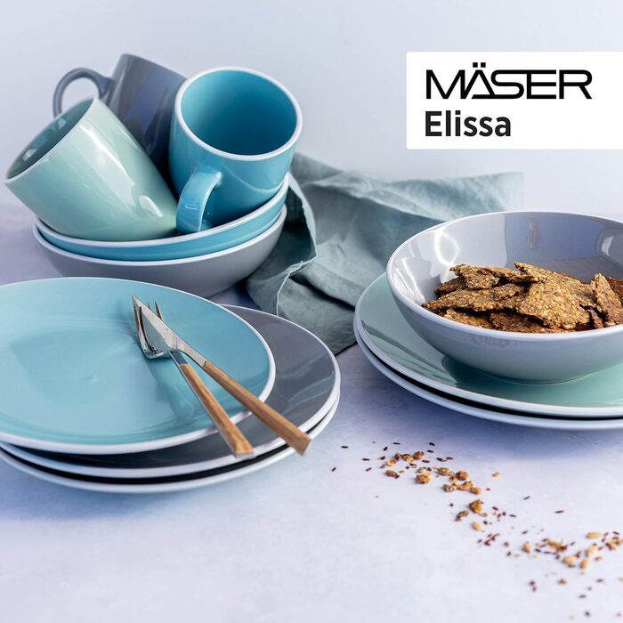 Набір сучасного посуду Elissa серії MSER 931770 для 6 осіб бірюзового кольору з білою облямівкою, комбінований сервіз із 24 предметів, керамограніт