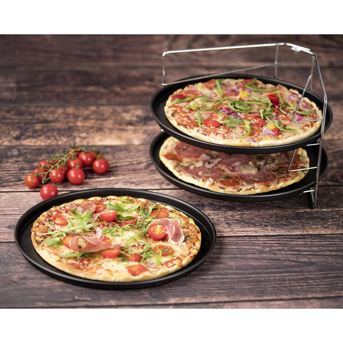 Набір для піци Zenker 4 шт. и, 3 деко для піци з підставкою, деко для випікання піци, кругле (Ø 29 см) і з покриттям, для 5 піц і тарт фламбе одночасно в духовці A 1 - Упаковка