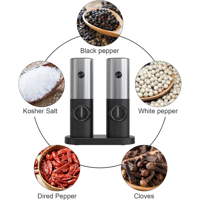 Набір із 2 електричних млинів солі та перцю на підставці, сріблястий/чорний Cokunst