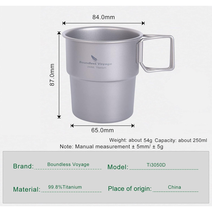Безмежна подорож Титанова чашка для кави Кружка 250 мл Пивний кухоль для кемпінгу на свіжому повітрі Піші прогулянки Пікнік Приготування їжі на відкритому вогні Ti3050D (без кришки) (Ti3050D-без кришки)