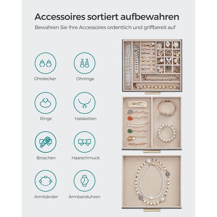 Шкатулка органайзер для ювелирных изделий 3-уровневая темно-серый SONGMICS