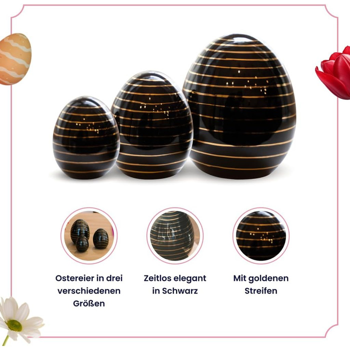 Набір декоративних фігурок Heitmann керамічна пасхальна прикраса під порцеляну, для встановлення, біла, приблизно 12,5 x 10,5 x 8 см (яйця - чорні із золотим декором)
