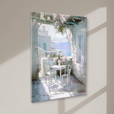Картина на полотні STYLER 60 x 80 см I Жінка в літньому капелюсі Середземноморський прибережний пейзаж I Вітальня, спальня, офіс I Настінна прикраса з морським колоритом I Зроблено в Європі (80Д x 60Ш см, стіл)