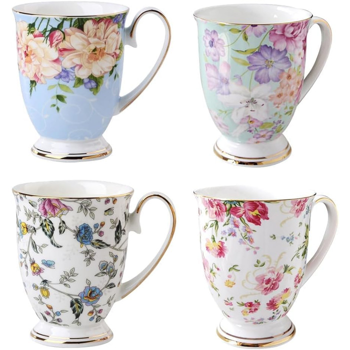 Набір із 2 порцелянових кавових кухлів, квітковий візерунок, 300 мл, чашки у формі кістки в стилі шинуазрі з ручкою для кави, чаю, молока, капучино (D)