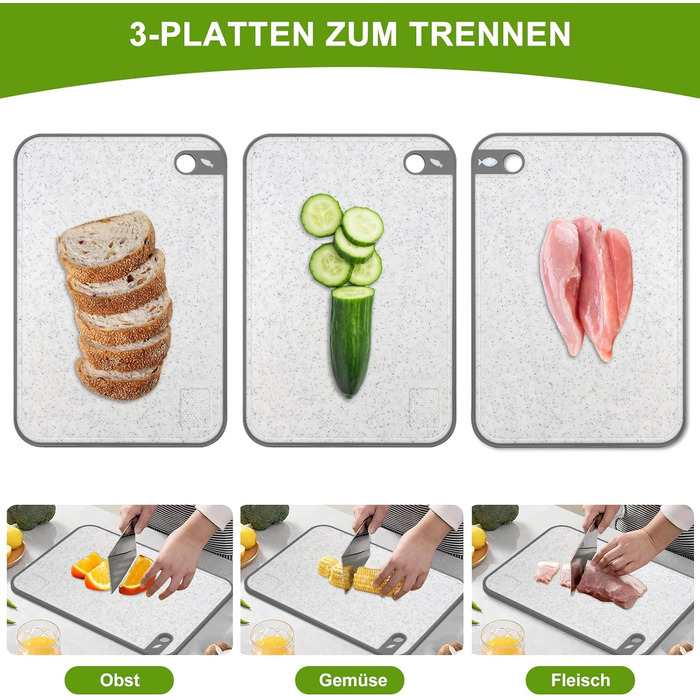 Набір обробних дощок BOCHION, пластикові дошки з іконками продуктів та піддоном, нековзні та без BPA, антибактеріальні дошки для риби, овочів, фруктів, мяса, хліба (набір з 3 шт., білі)