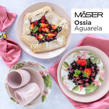 Набір тарілок на 6 персон у частково декорованому вінтажному вигляді, обідній сервіз із 12 предметів, що складається з 6 обідніх тарілок рожевого кольору та 6 супових тарілок з квітковим декором, екзотичний, керамограніт, 931926 Ossia Aguarela