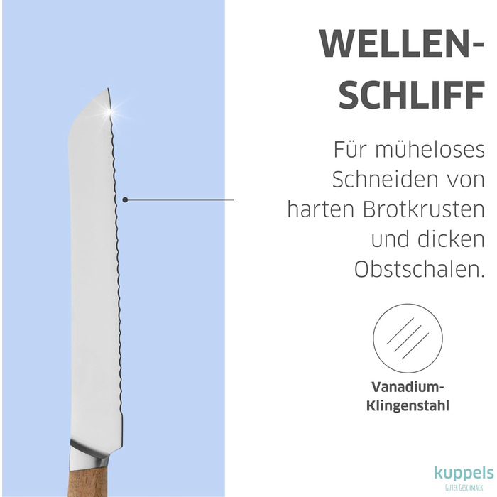 Набір кухонних ножів Kuppels WOOD, 3 предмети ніж шеф-кухаря, ніж універсальний та ніж для овочів з ручкою з акації. Надзвичайно гострий набір ножів з хромо-ванадієвої сталі, професійний набір для овочів та мяса (включає ніж для хліба).