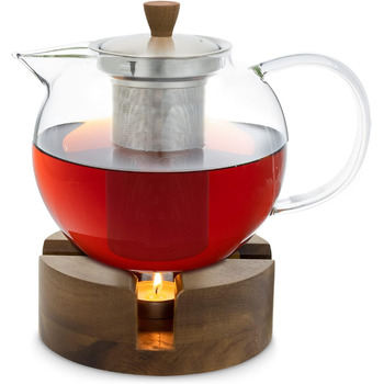 Чайник стеклянный (1,8 л) - Чайник с ситечком из нержавеющей стали - Чайник для чайника Стеклянный кувшин с крышкой и элегантной деревянной ручкой (с деревянной подогревателью, 1,3 л)