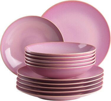 Набір тарілок MSER 931946 серії Ossia на 6 осіб у середземноморському вінтажному стилі, сучасний обідній сервіз із 12 предметів із суповими тарілками та обідніми тарілками, керамограніт (рожевий)