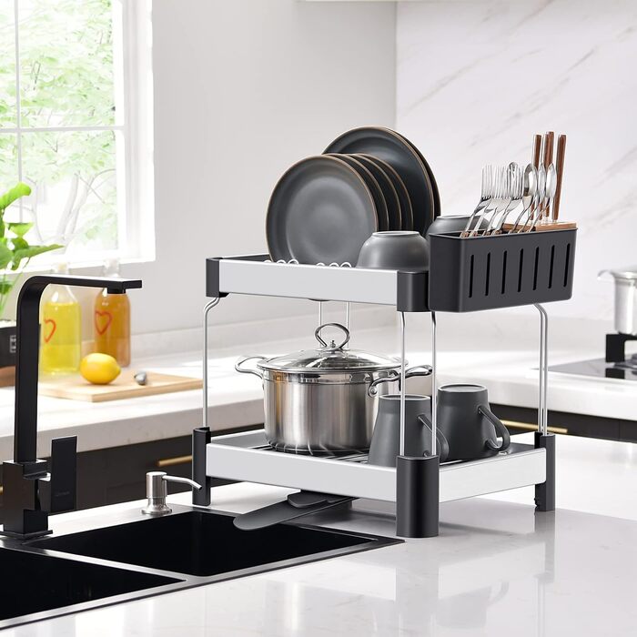 Уровневая сушилка, алюминиевая сушилка для посуды, стойка для кухонной раковины с антикоррозийной рамой, поддон для сбора капель с поворотным носиком на 360 , держатель для посуды для кухни 2-уровневый, 2-