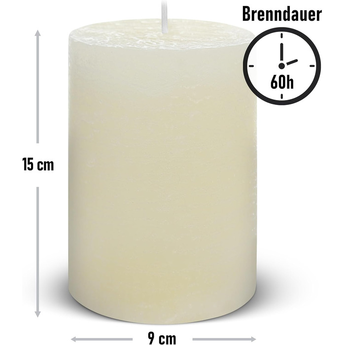 Набір із 4 свічок-стійок Brandsseller 7 x 10 см фарбовані та виготовлені з парафіну сільські свічки з тривалим часом горіння декоративні свічки для прикраси столу, Різдва та вечірок (9 x 15 см набір із 4 шт. , кремові)