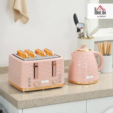 Набір для сніданку HOMCOM Kettle Toaster Set з чайником 1,7 л, тостером на 4 скибочки, 2200 Вт, 7 рівнів підрум&39янення, розморожуванням, розігрівом та лотком для крихт, термостатом Otter, кремово-білим (рожевим)